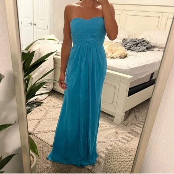 David's BRIDAL Blue Malibu Bridemaid Strapples Floor Length Wedding dress 12 - Picture 4 of 13